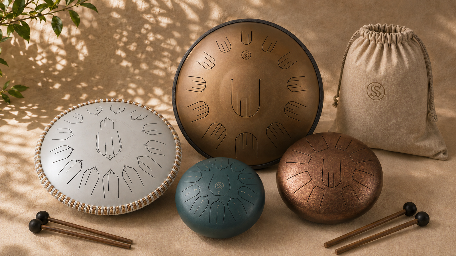 Custom steel tongue drums in different colors, sizes and note layouts
