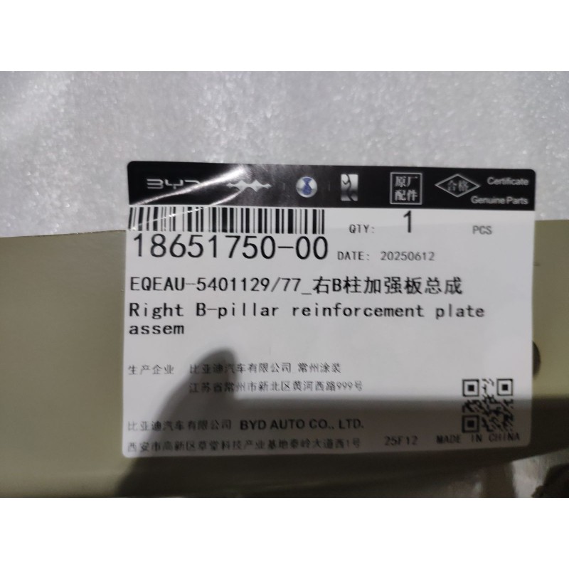 Right B-Pillar Reinforcement Plate BYD 18651750-00
