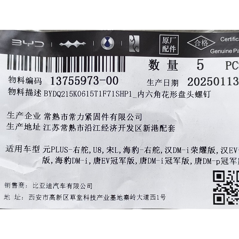 BYD ATTO 3 / Yuan PLUS Hex Socket Cap Screw Inner Hexagon Head BYDQ215K0615T1F71SHP1 | BYD ATTO 3 / Yuan PLUS | 13755973-00