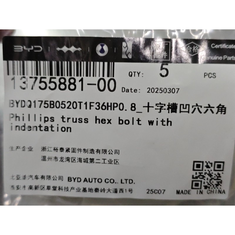 Hex Bolt | BYD 13755881-00 | Product view